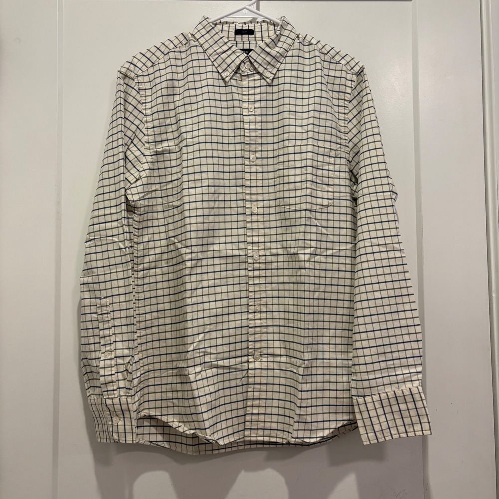 J.Crew Slim Fit Oxford Shirt Mens Medium Cream Navy Green Tattersall Check